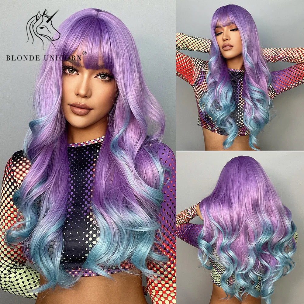 Blonde Unicorn Synthetic Long Wavy Wig Ombre Purple to Blue for Woman Cosplay Halloween Wigs Heat Resistant Fiber Bangs Hair